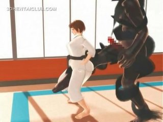 Hentai karate jong vrouw kokhalzen op een massief manhood in 3d